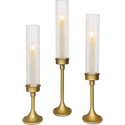 Brass Candlestick Holders Set of 3 Tall Taper Candlesticks Fluted Glass Candle Stick Holder Decor