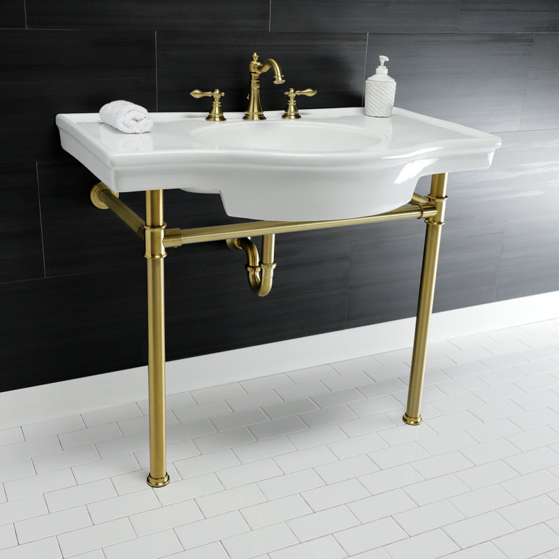 Lavabo de salle de bain console en céramique avec trop-plein, Laiton brossé