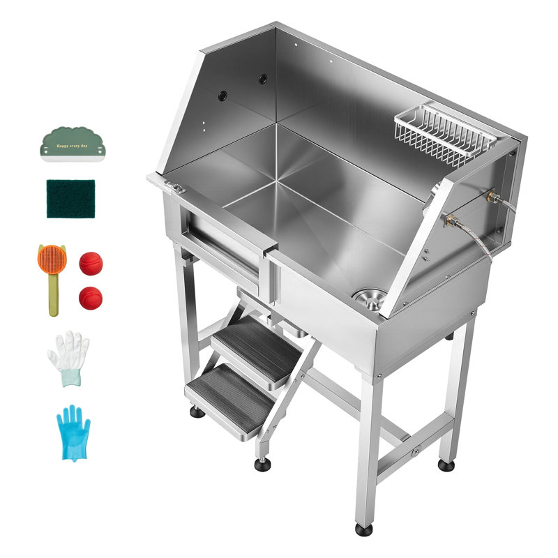 Baignoire de toilettage pour chiens en acier inoxydable de 34 pouces avec robinet, pommeau de douche et marches antidérapantes pour petits animaux de compagnie