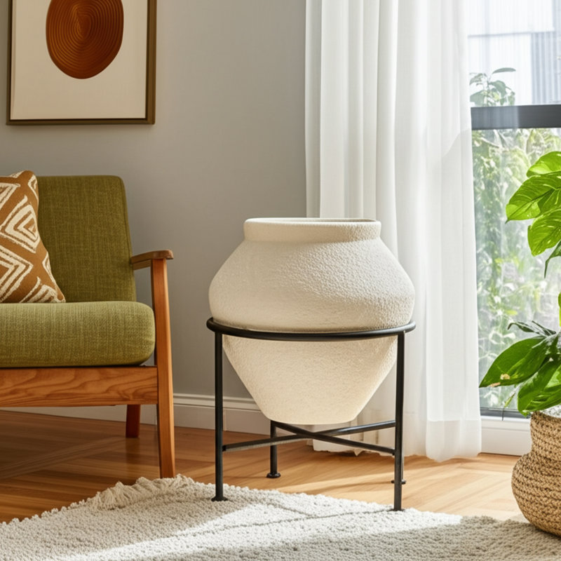 Pot à fleurs rond en terre cuite avec support en métal pour l'intérieur ou le patio extérieur - Décoration de jardin décorative pour le salon - ivoire et noir