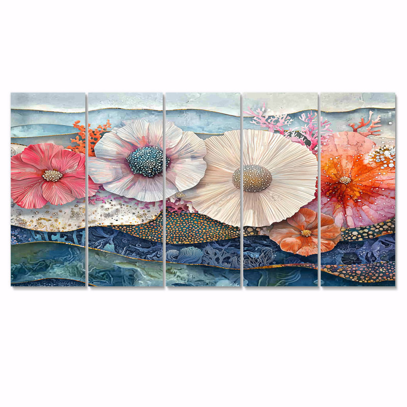 Oursin coloré et sérénade de fleurs - décoration murale oursin - art mural moderne Mod, 5, H 32 po x l 80 po