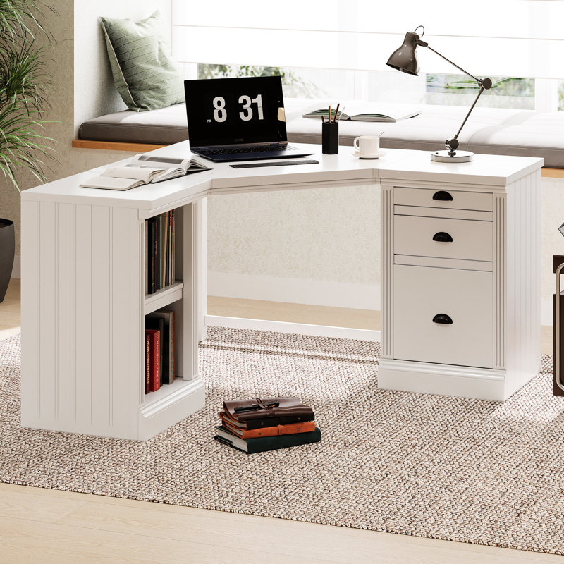 Bureau d'ordinateur en L avec 2 espaces de rangement et 3 tiroirs, blanc pour la maison, meubles fonctionnels, salon moderne, solution généreuse