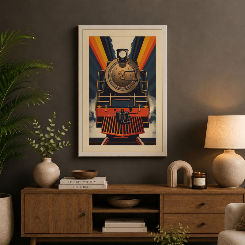 Locomotive in Motion Art Deco - Wrapped Canvas, 24x16 - 61.0 x 40.6 cm, Taupe Border