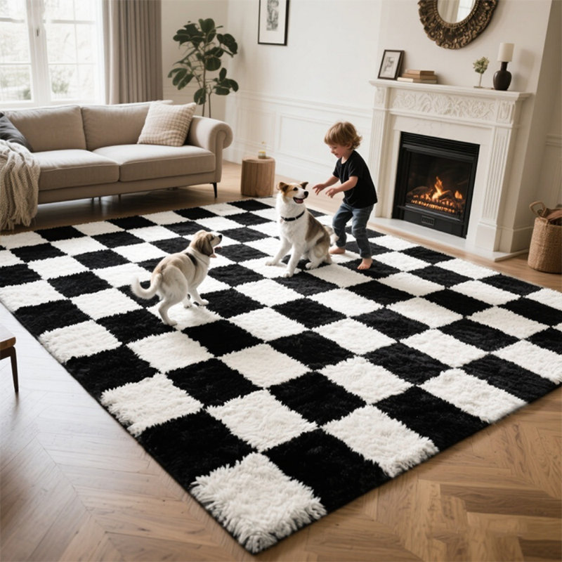 Tapis à poil long moderne à carreaux noir et blanc, moelleux moelleux pour le salon, la chambre à coucher et le dortoir