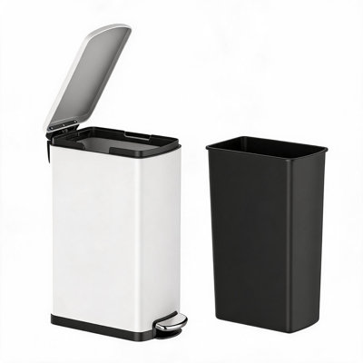8 Gallon Slim Kitchen Trash Can, Stainless Steel Step-On Garbage Bin with Soft Close Lid, White, 17.8x9.3x24 Inch