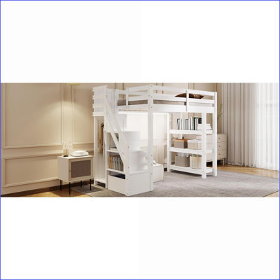 Lit mezzanine simple en bois de pin massif avec escalier de rangement, tablettes, garde-robe et amp; Lumière blanche à DEL - aucun sommier requis, blanc