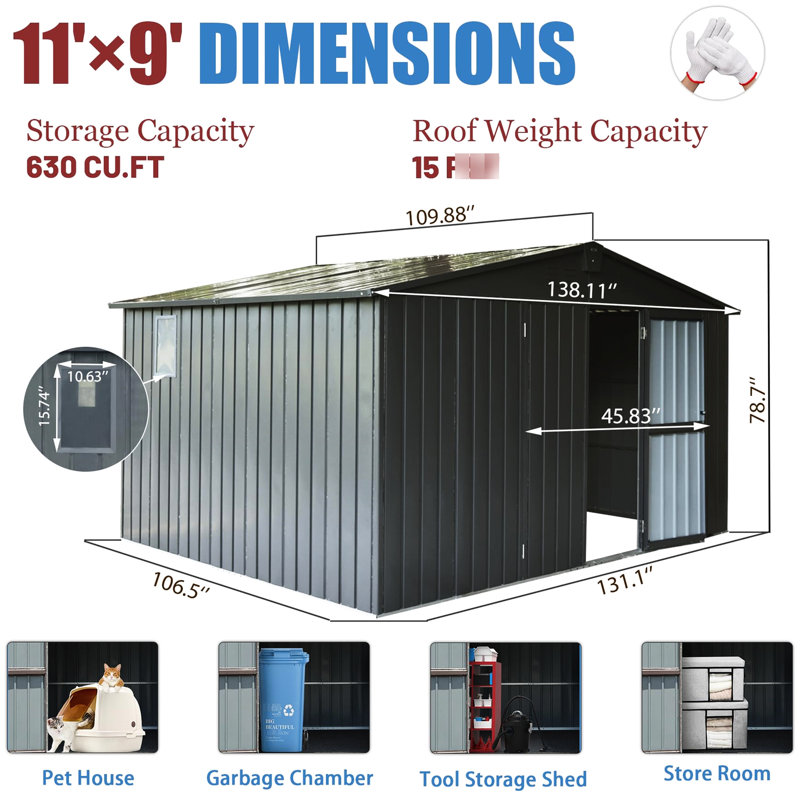11'x 9' Garden Storage Shed, Dark Gray, Galvanized Steel Construction, Lockable Door, Abundant Space For Tools & Equipment, Outdoor Shed Gray Backyard House 9', Steel, Plentiful Room Bicycles,