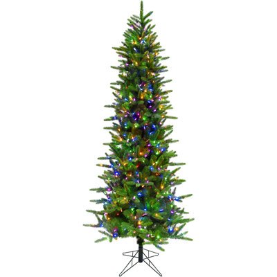 Fraser Hill Farm 9 ft. Carmel Pine Slim Artificial Prelit Christmas Tree with Dual Multicolor & Warm White LED Lights and Stand