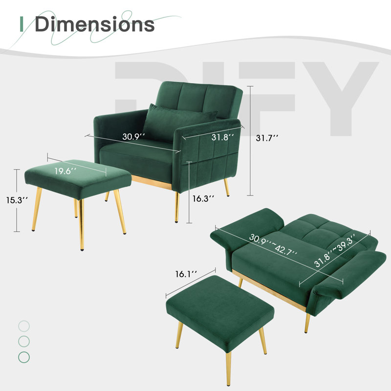 Chaise d'appoint avec repose-pieds, Velours vert