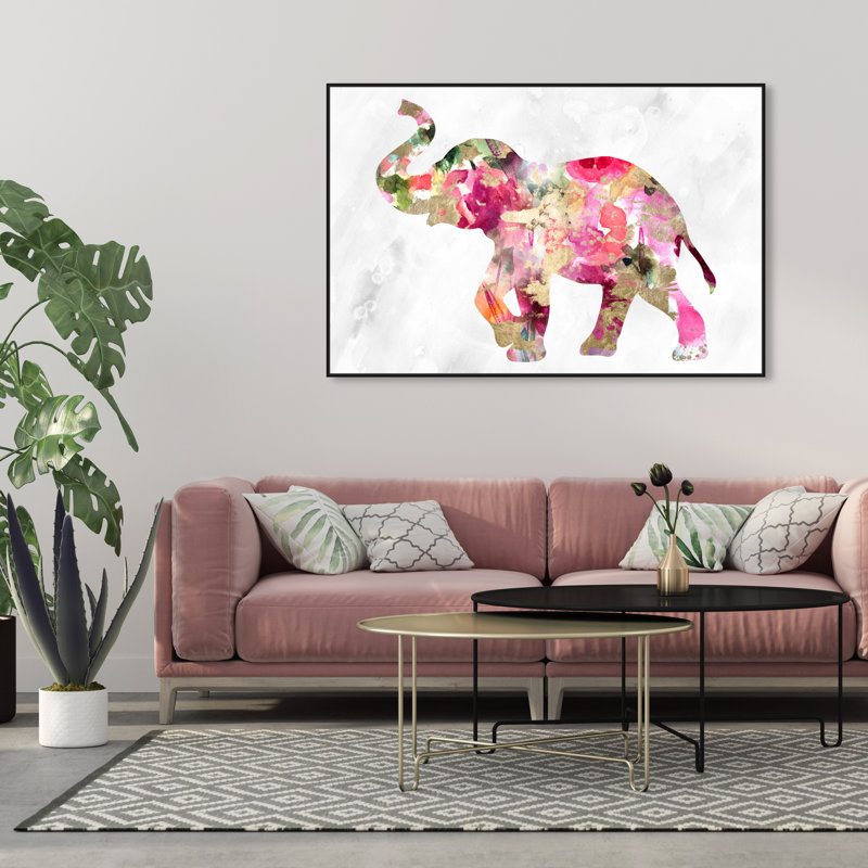«Elephant Floral» par Oliver Gal - impression sur toile tendue, H 10 po x l 15 po, Cadre noir