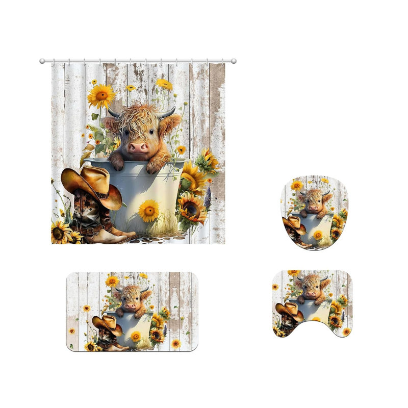 Ensemble de 4 rideaux de douche Highland Cow