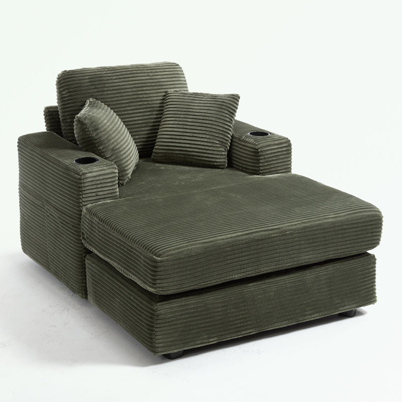 Chaise longue d'intérieur Nuvia avec mousse haute densité et porte-gobelets, Velours côtelé vert