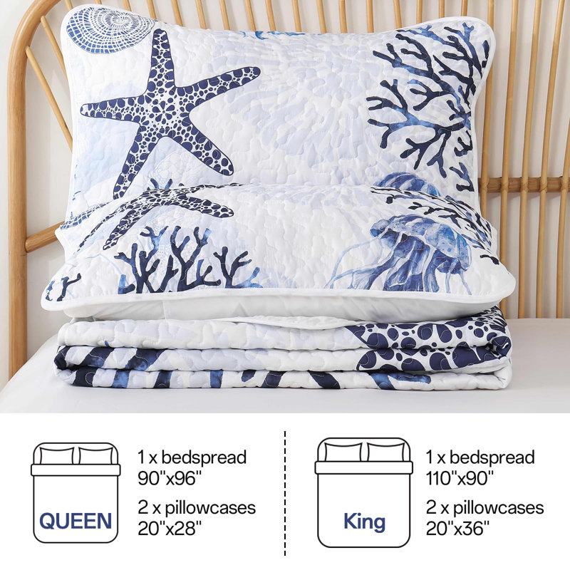 3-Piece Reversible Coastal Nautical Quilt Set with Pillowcases, Queen Quilt + 2 Pillowcases