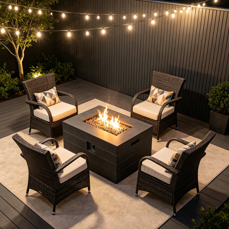 Ensemble de mobilier d'extérieur 5 pièces avec table de foyer d'extérieur de 50 000 BTU, ensemble de conversation en osier PE avec cadre en aluminium, canapé modulaire 4 places avec coussins pour la cour et le jardin
