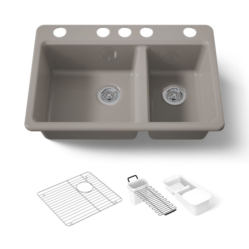 Riverby 33" x 22" x 9.625" Under-Mount Double-Equal Kitchen Sink with Accessories and 5 Oversized Faucet Holes, Truffle