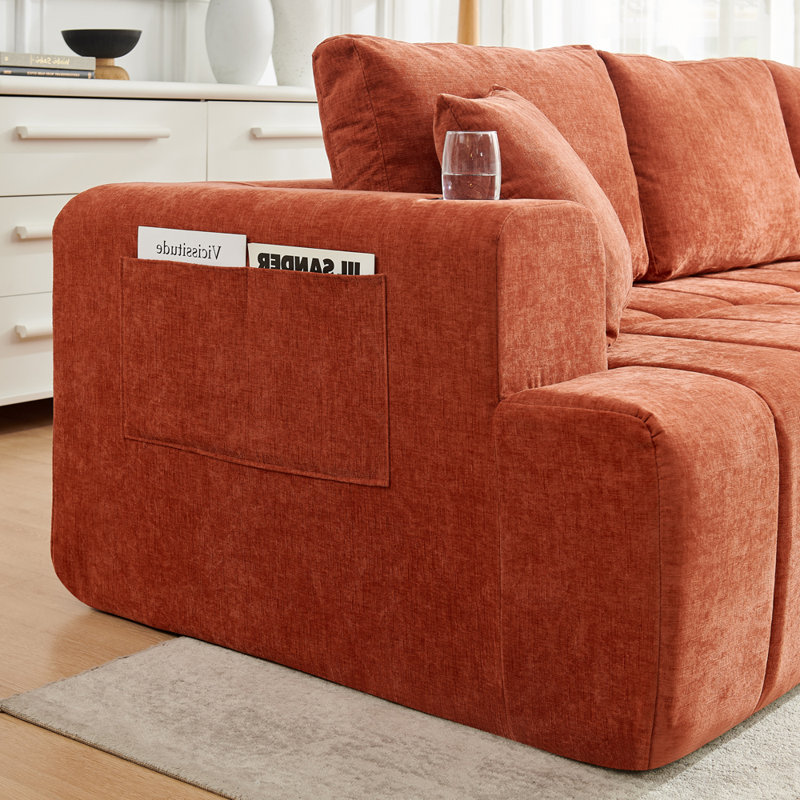 Canapé modulaire en L à compression avec porte-gobelets et poches latérales, Chenille orange, Orienté à droite