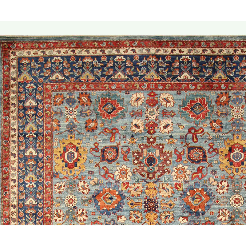 Tapis bleu clair et bleu noué à la main de haute qualité