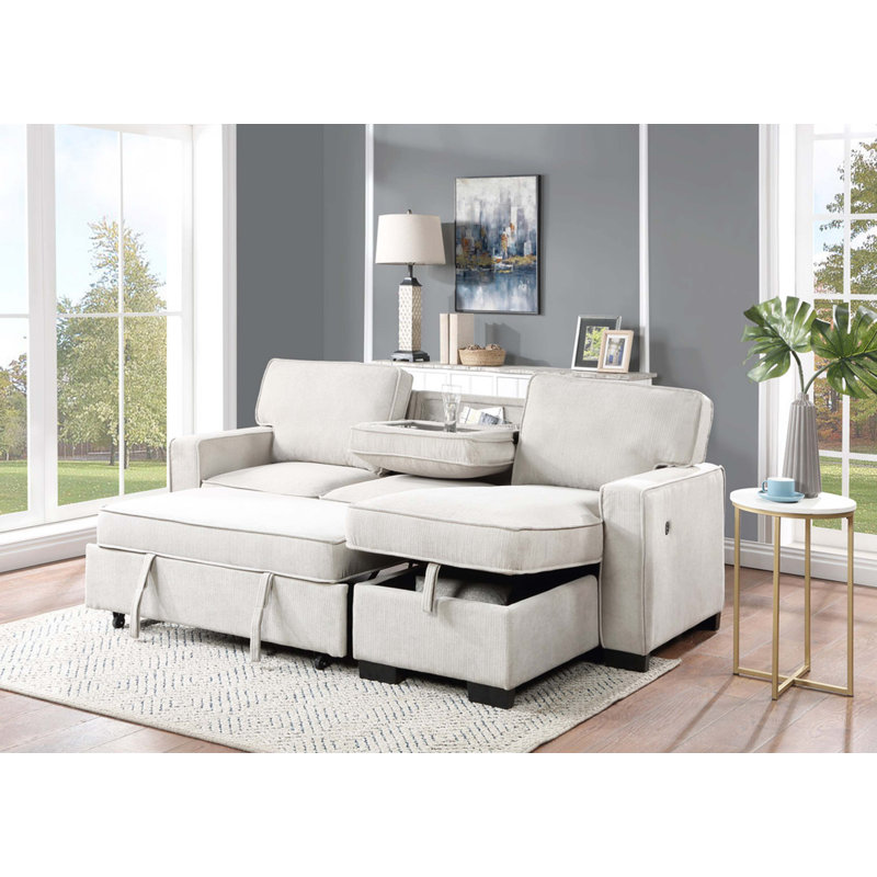 Estelle 86.5" Fabric Reversible Sleeper Sectionals With Storage Chaise Drop-Down Table 2 Cup Holders And 2USB Ports