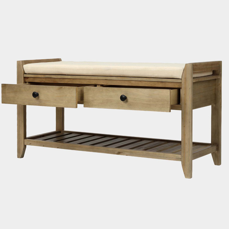 Meirav Shoe Rack with Cushioned Seat and Drawers, Multipurpose Entryway Storage Bench, Grey Wash, Solid Wood