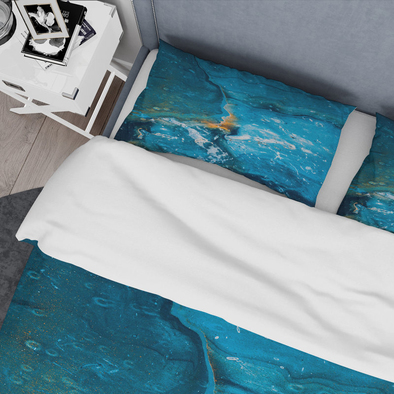 Composition abstraite de marbre en bleu I - ensemble de housse de couette moderne - microfibre de polyester