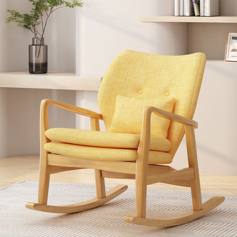Chaise berçante élégante avec coussin en lin jaune, chaise berçante classique pour le salon, jaune