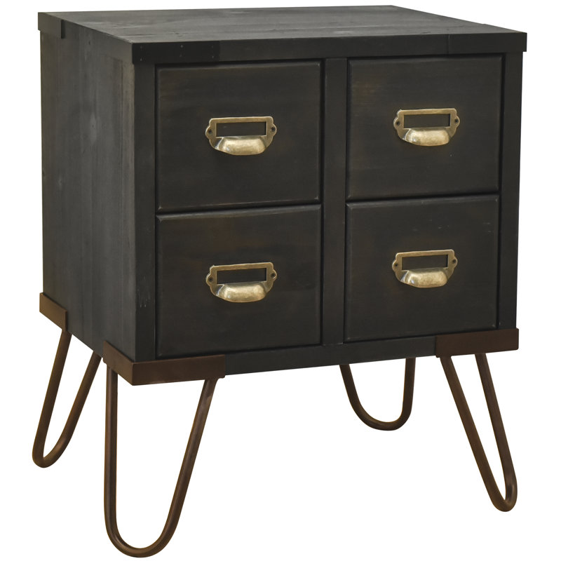 22.5" Tall Antique Style Storage End Table Side Table with 4 Drawers and Metal Hairpin Legs, Antique Black, Antique Black