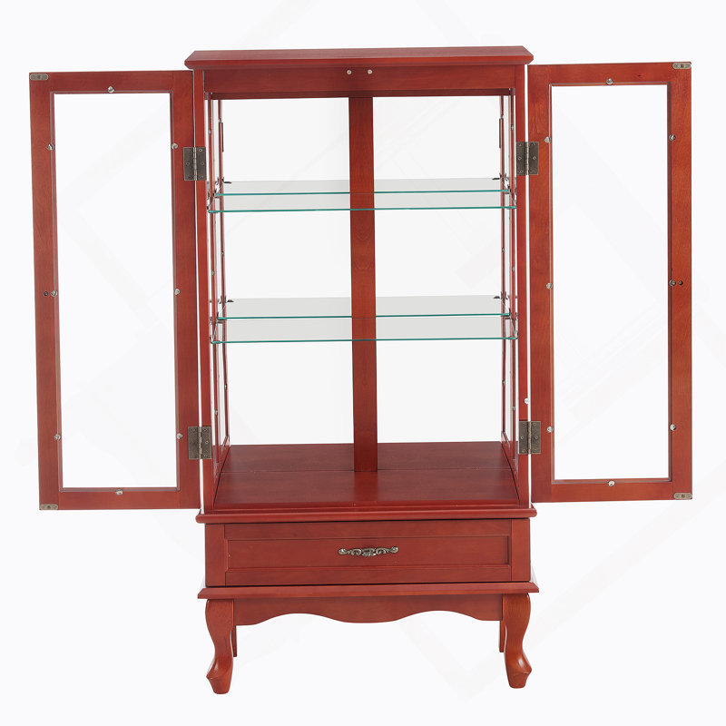 Vitrine lumineuse en verre avec tablettes réglables, deux portes et un tiroir pour une décoration polyvalente et un rangement efficace