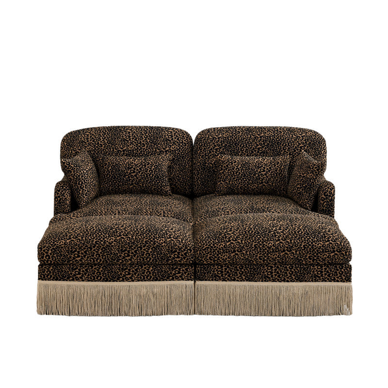 Canapé modulaire de 69 po avec accoudoirs délicats à pampilles et 4 coussins, canapé-lit moderne à motif léopard en chenille confortable avec 2 repose-pieds et siège profond de 24 po pour le salon