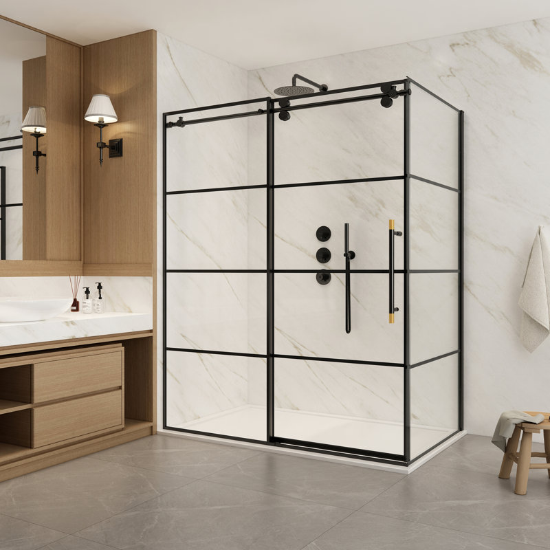 Cabine de douche rectangulaire sans cadre coulissante noire mat L 64 po x H 78 po Losar