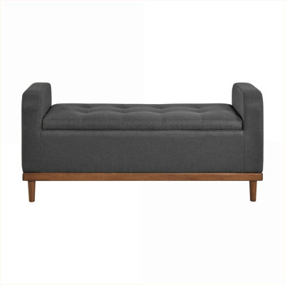 Storage Bench, Mid-Century Modern Lift Top Tufted 50” | Tan Brown Polyester | Walnut Solid Wood | Living Room | Light Brown | Polyester