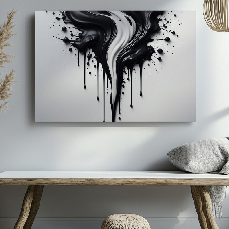 Toile, composition dynamique avec contraste audacieux entre art mural noir et peinture blanche, créant un art mural abstrait sur toile