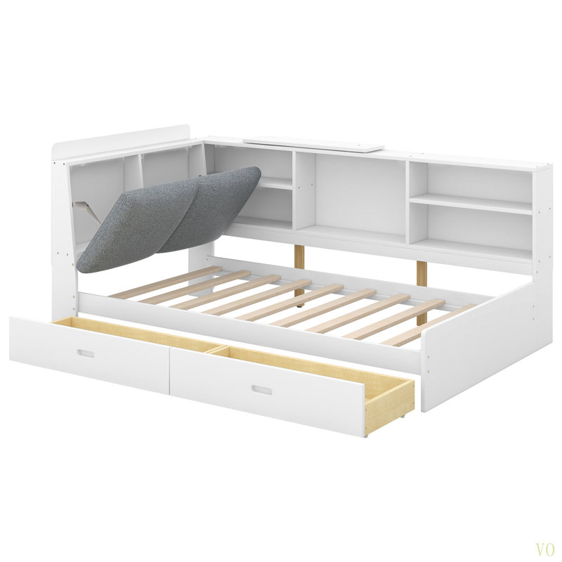 Lit plateforme en bois avec tête de lit, tablettes et 2 tiroirs, Lit simple, Blanc