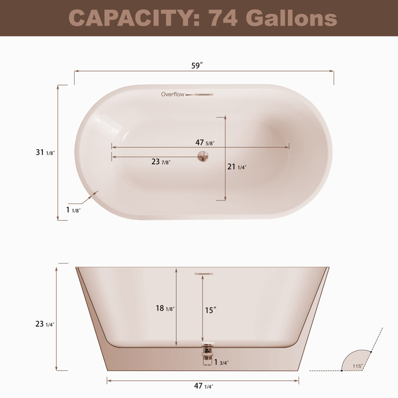 59.1'' x 31.1'' Freestanding Soaking Acrylic Bathtub