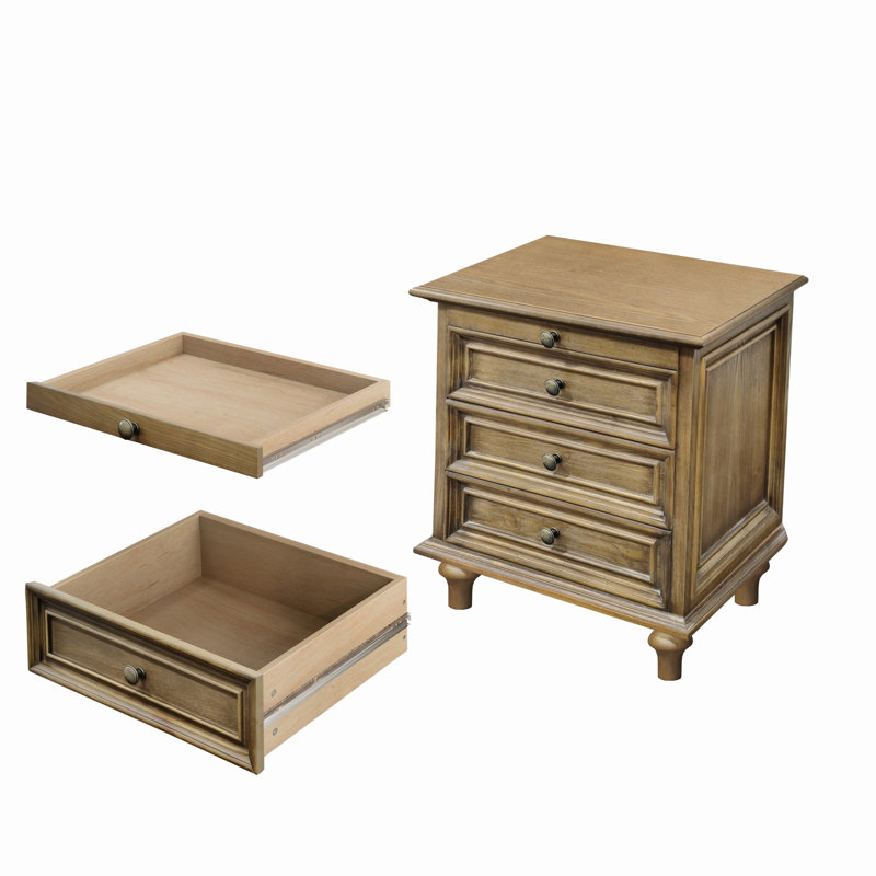 Farmhouse Nightstands Set of 2 with 4 Drawer, Wood Storage End Table with Hidden Pull-Out Shelf, Large Side Table with 4 Solid Wood Feet and Metal Handle, Easy Assembly, Light Brown