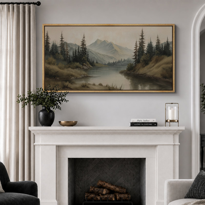 Misty Mountain Lake with Pine Forest - Pictures Extra Large Framed Canvas Print Wall Art, 30" H x 60" W x 1.5" D