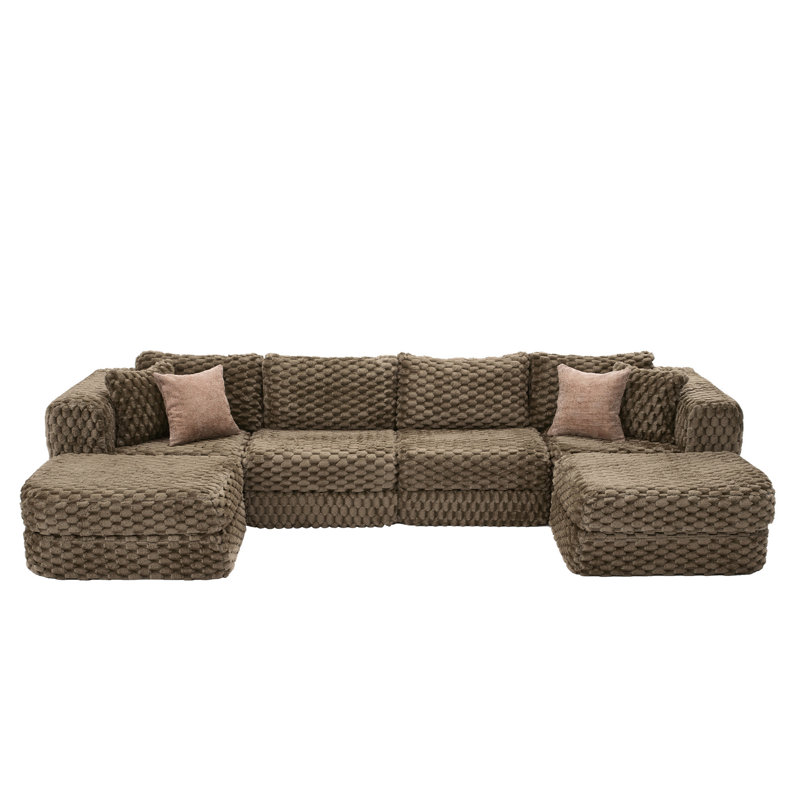 135'' Upholstered Boneless U-Shape Sectional With Ottomans, No Assembly Required, Brown Polyester