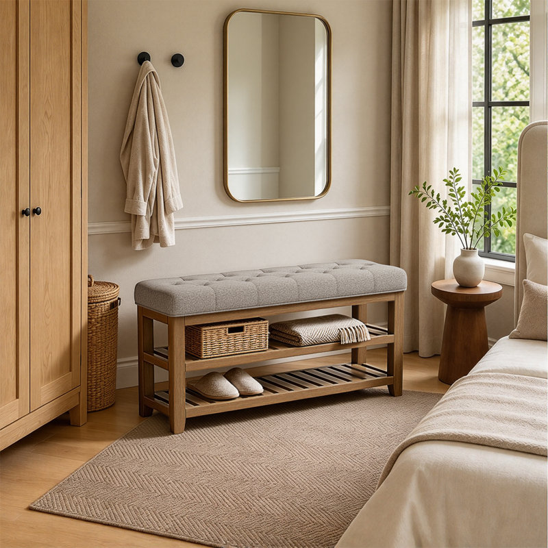 Upholstered Bench with Shelves, 45.28 inch, Taupe