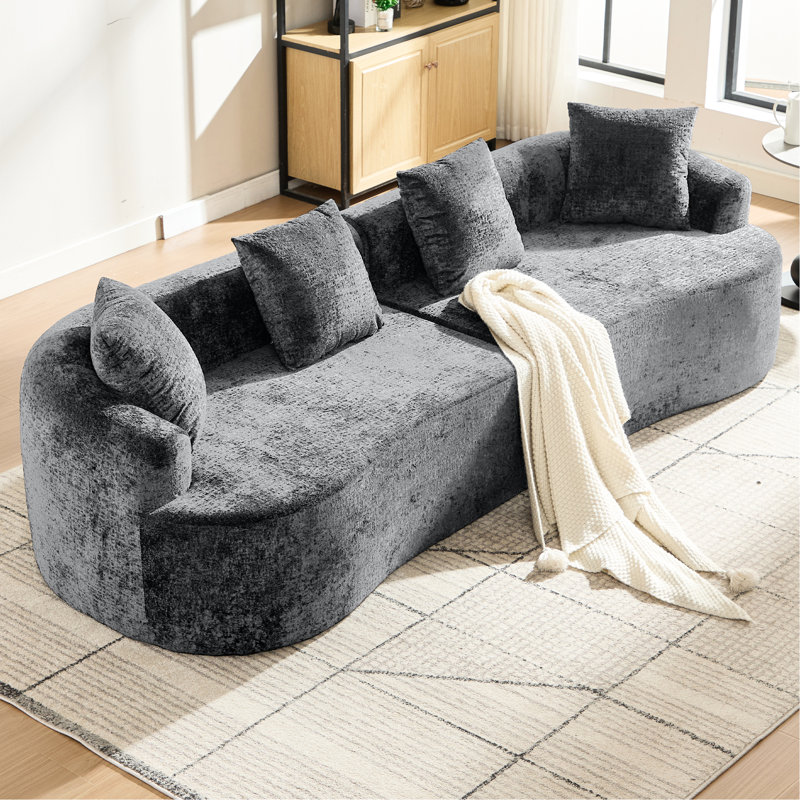 Canapé incurvé en chenille avec 3 coussins, assise profonde pour salon, gris, coussins en mousse à mémoire de forme, aucun montage requis, petit format, appartement, mousse, assemblage, animaux de compagnie admis
