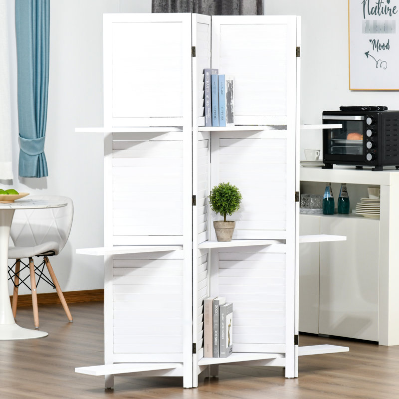 Paravent en bois 4 panneaux 67 po, 3 tablettes, pliable pour chambre / bureau, écran blanc avec bureau