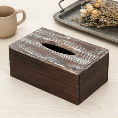 Wooden Tissue Box Cover With Magnetic Lid And Distressed Torched Finish, Rustic Rectangular Holder For Standard 180-Count Facial Tissue Boxes