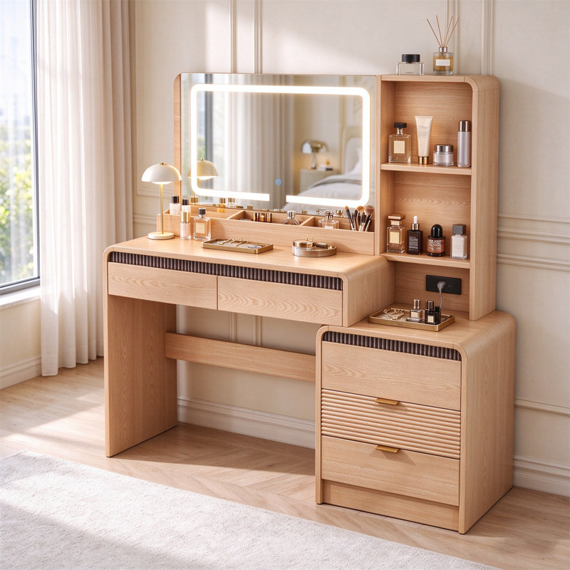 Modern Vanity Desk with Mirror and Lights, Fluted Wood Dresser with 5 Drawers & Charging Station, Curved Makeup Vanity Table with Multi-Tier Storage Shelve