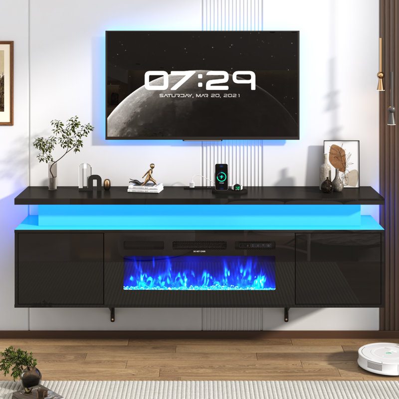 Floating Fireplace TV Stand, High Gloss LED Fireplace TV Stand Entertainment Center For 70/75/80 Inch TV, Modern Media TV Console Cabinet For Living Room