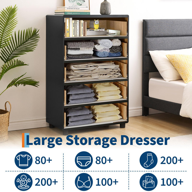5 Drawers Dresser, 46 in Tall Modern Chest of Drawers with Natural Texture, Curved Profile Design