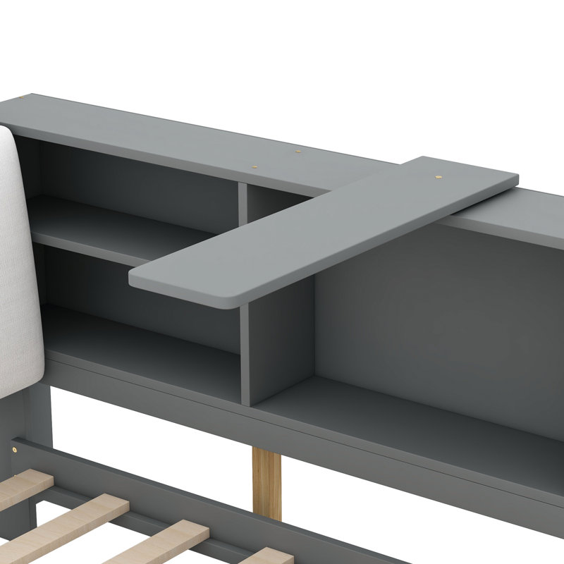 Lit plateforme simple moderne avec rangement pour tête de lit, tablettes, 2 tiroirs, tête de lit gris avec rangement Advancement et tiroirs pratiques