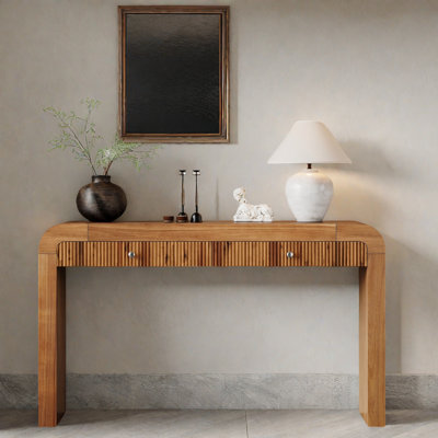 Rustic Console Table With Fluted Front Design, 2 Drawers, Curved Corners & Thick Legs