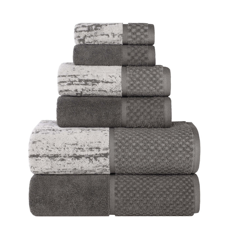 Lodie Cotton Plush Soft Absorbent Jacquard Solid and Two-Toned 6 Piece Towel Set, Charcoal/Silver