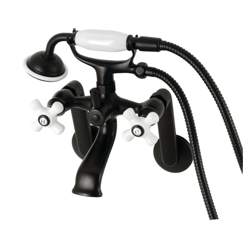 Kingston Brass Kingston Three-Handle 2-Hole Tub Wall Mount Clawfoot Tub Faucet with Hand Shower, Matte Black