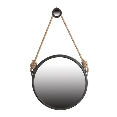 On-Trend Hanging Round Mirror With Black Framed And With Rope Strap Contemporary Industrial Decor For Bathroom