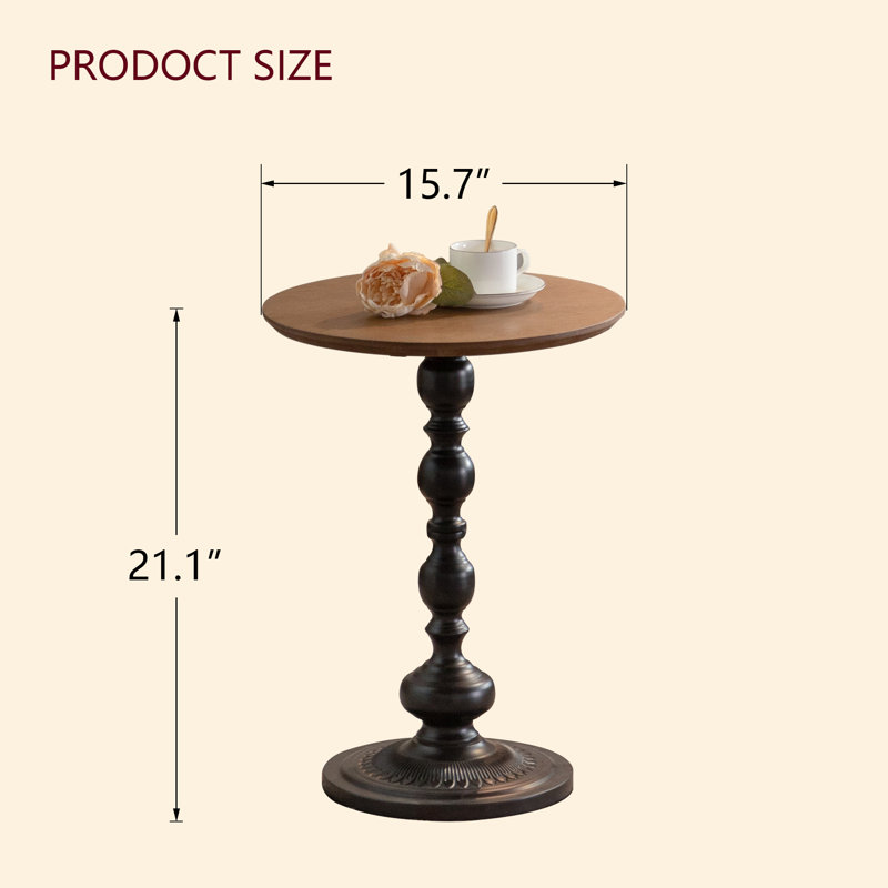 15.7" Vintage Pedestal Natural Round End Table Metal Base For Living Room&Bedroom, Brown/Black
