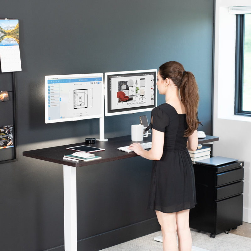 White and Black Adjustable Height Electric Standing Desk with Wood Top